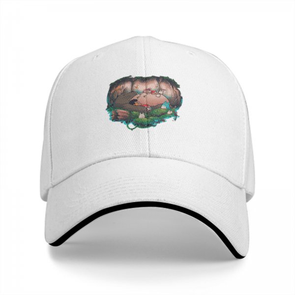 Black baseball cap with forest spirit creature graphic print