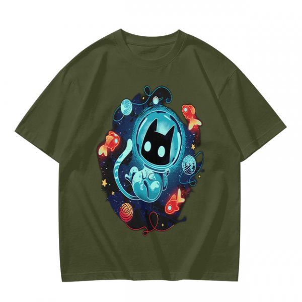 Olive t-shirt with space astronaut cat and goldfish graphic