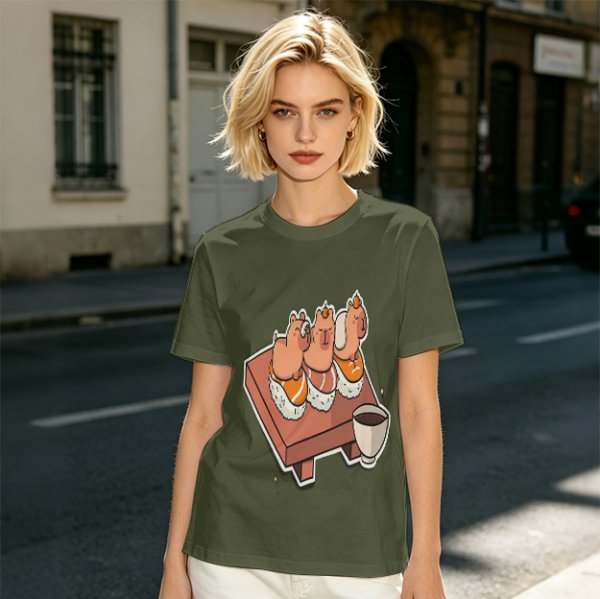 Olive green t-shirt with capybara sushi print design