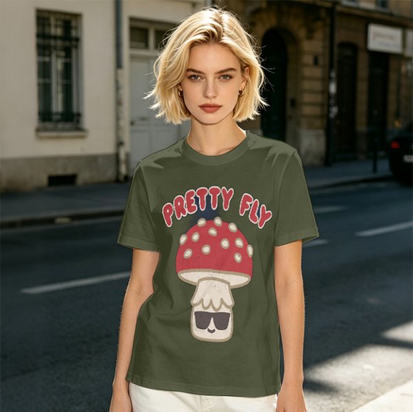 Olive green graphic t-shirt with 'Pretty Fly' and cool mushroom print