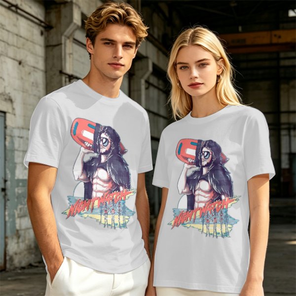 Olive Graphic T-Shirt with Muscular Figure Holding Red Device and Night Watch Text