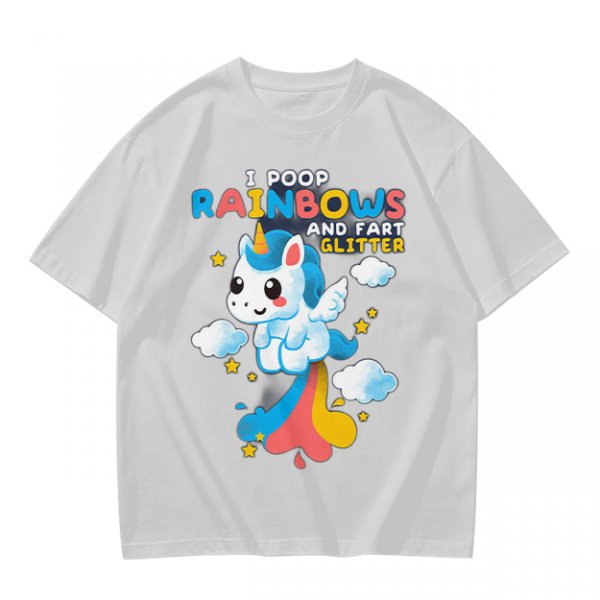Olive t-shirt with playful unicorn rainbow poop and glitter fart graphic