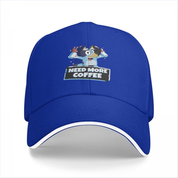 Black baseball cap with Bluey graphic and 'Need More Coffee' text