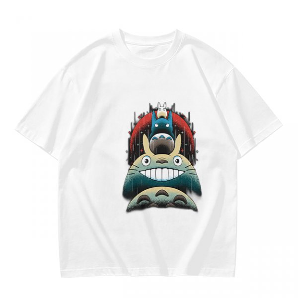 Olive green t-shirt with stacked Totoro characters graphic