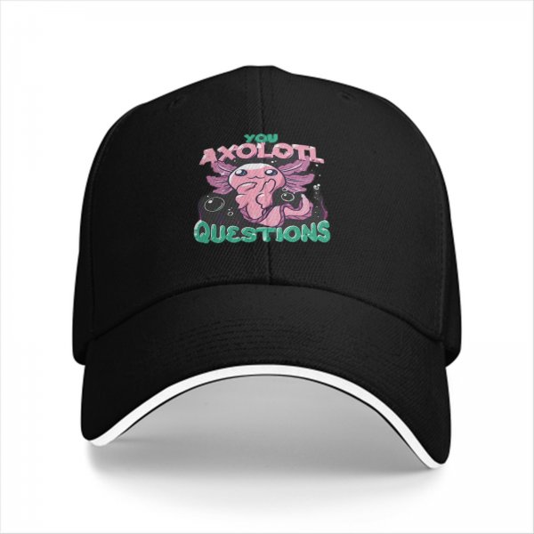 Black baseball cap with 'You Axolotl Questions' cute axolotl graphic