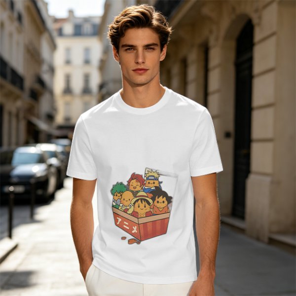 Olive T-shirt with Chibi Anime Characters in Takeout Box