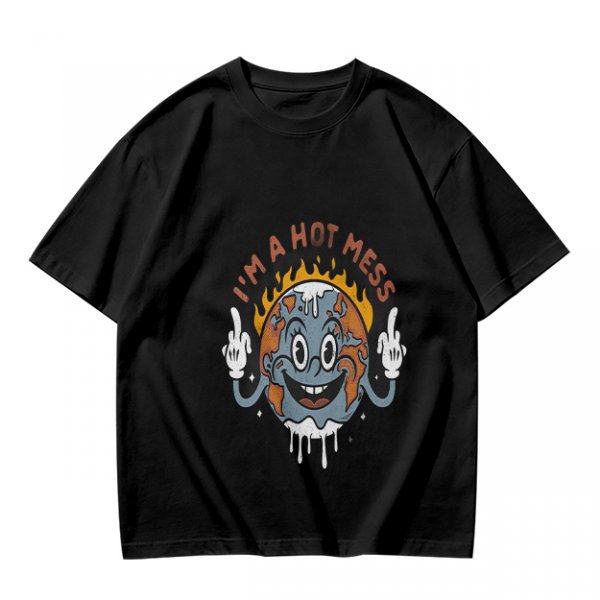 Olive t-shirt with 'I'm a Hot Mess' melting earth graphic