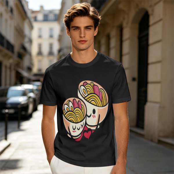 Olive T-Shirt With Cute Hugging Ramen Bowl Couple Print