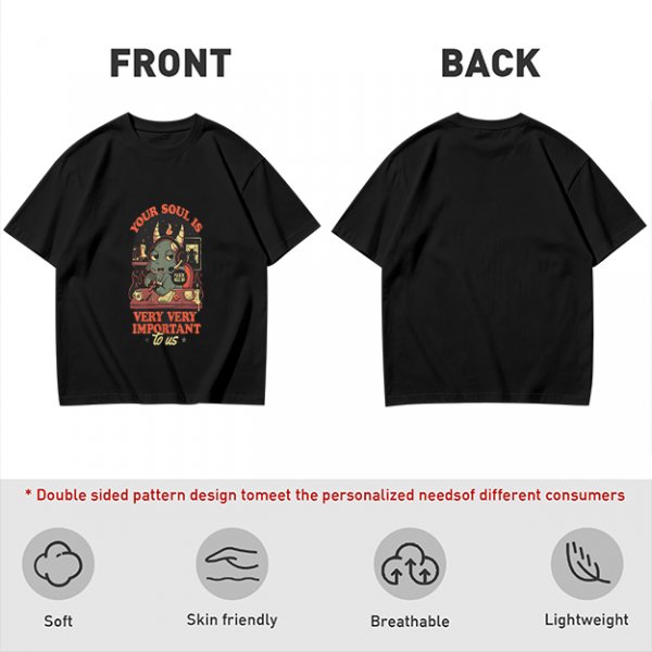 Olive t-shirt with devil call center graphic and 'Your Soul Is Very Important To Us' text