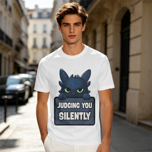 Olive t-shirt featuring Toothless the dragon judging you silently