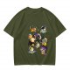 Olive T-Shirt With Playful Space Cats Graphic Print