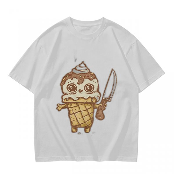 Olive T-Shirt With Cute Ice Cream Cone Holding Knife Print