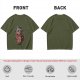 Olive t-shirt with a cartoon cat and coffee cup graphic