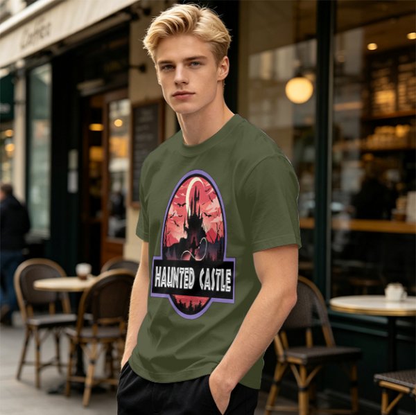 Olive T-Shirt with Haunted Castle Silhouette Graphic Design