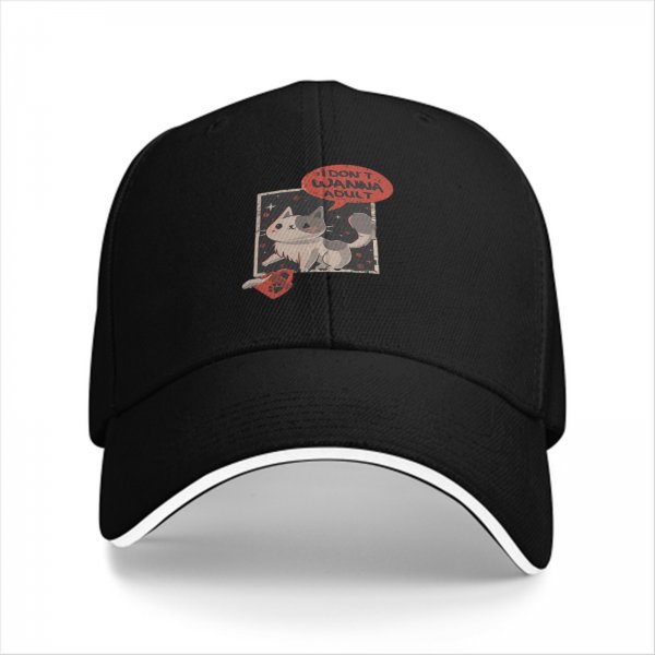Black baseball cap with 'I don't wanna adult' cat graphic