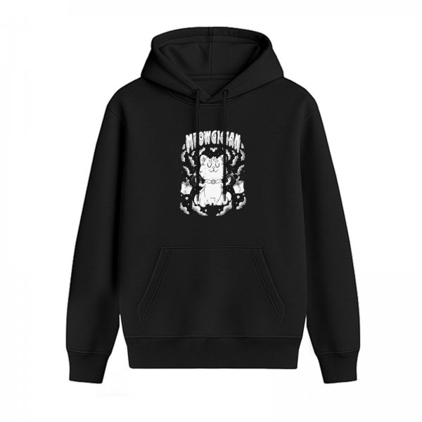 Black hoodie with cute cat graphic and 'MEOWSHIAM' text print