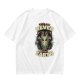 Olive green graphic t-shirt with 'cats were never from earth' alien and cat print