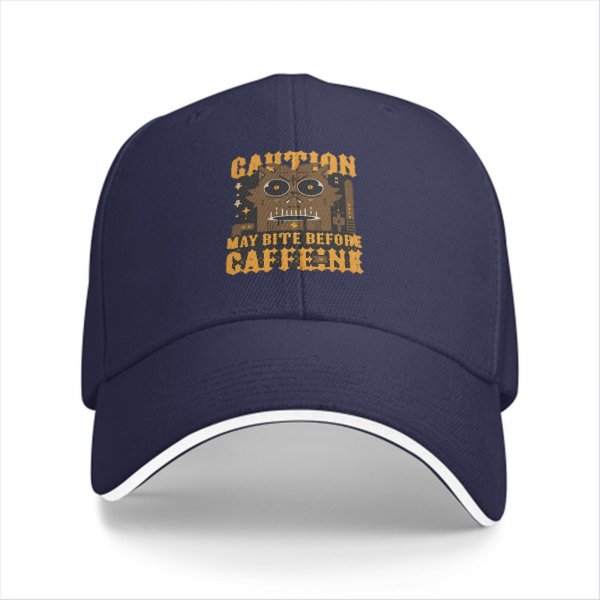 Black baseball cap with 'Caution May Bite Before Caffeine' graphic