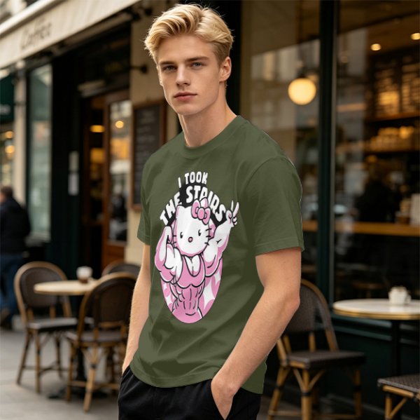 Olive t-shirt with muscular Hello Kitty graphic and 'I Took The Stairs' text
