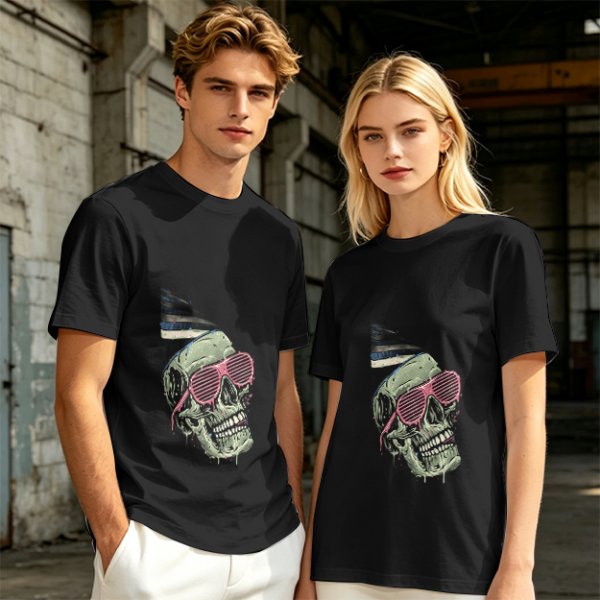 Olive T-Shirt With Party Skull Wearing Pink Shutter Shades