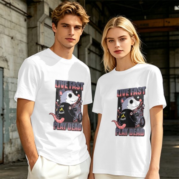 Olive t-shirt with live fast play dead opossum biker graphic