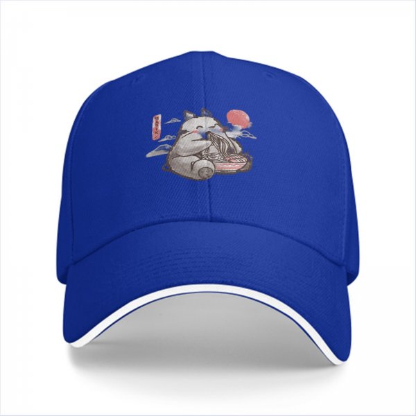 Black baseball cap with cute fox eating ramen sun and cloud design