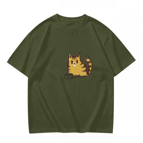 Olive Green T-Shirt With Grumpy Orange Tabby Cat Graphic
