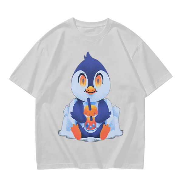 Olive T-shirt with Cute Penguin Drinking Boba Tea Print