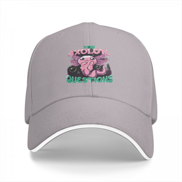 Black baseball cap with 'You Axolotl Questions' cute axolotl graphic
