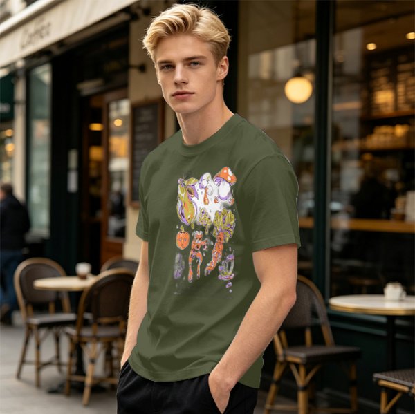 Olive Green T-Shirt With Surreal Mushroom And Vegetable Graphic Print