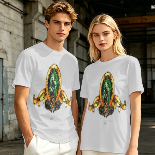 Olive Green T-Shirt With Ornate Golden Frame And Green Wolf Head Print