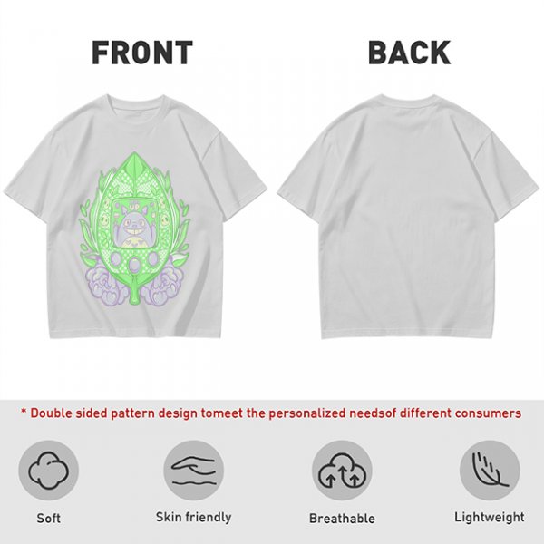 Olive Green T-Shirt With Leaf Shaped Tamagotchi Totoro Print