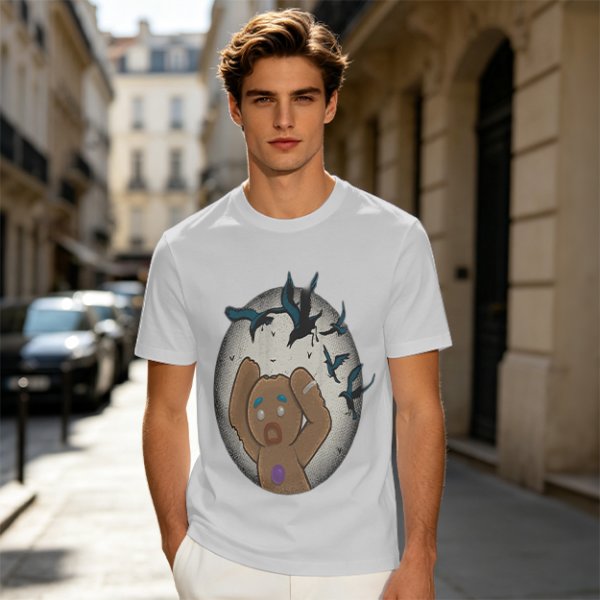 Olive T-shirt with a terrified gingerbread man and flying birds graphic