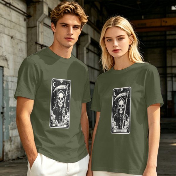 Olive T-shirt with The Death Tarot Card Grim Reaper Graphic