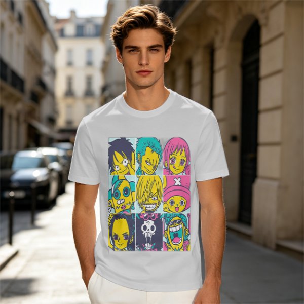 Olive T-shirt with One Piece x Simpsons Style Character Grid Print