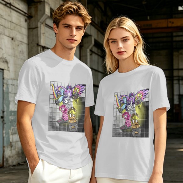 Olive T-shirt with colorful robot transformer graphic print
