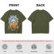 Olive green t-shirt with cute gray cat holding taiyaki graphic