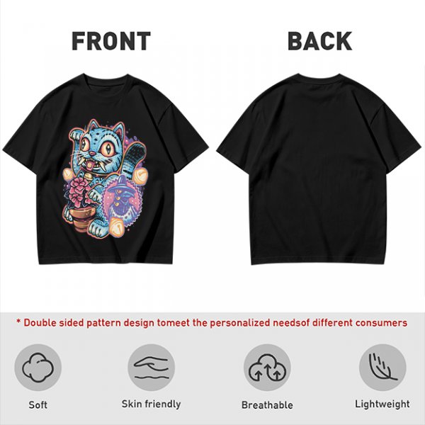 Olive T-Shirt With Maneki-Neko Sabertooth Cat And Crow Art