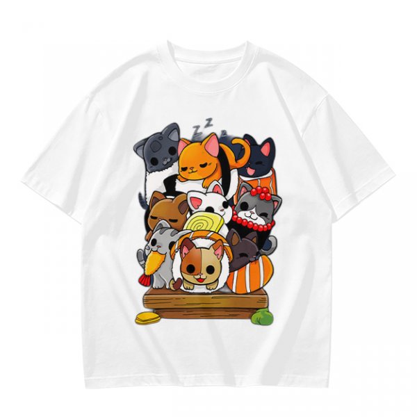 Olive T-Shirt With Cute Sushi Cat Stack Graphic Print