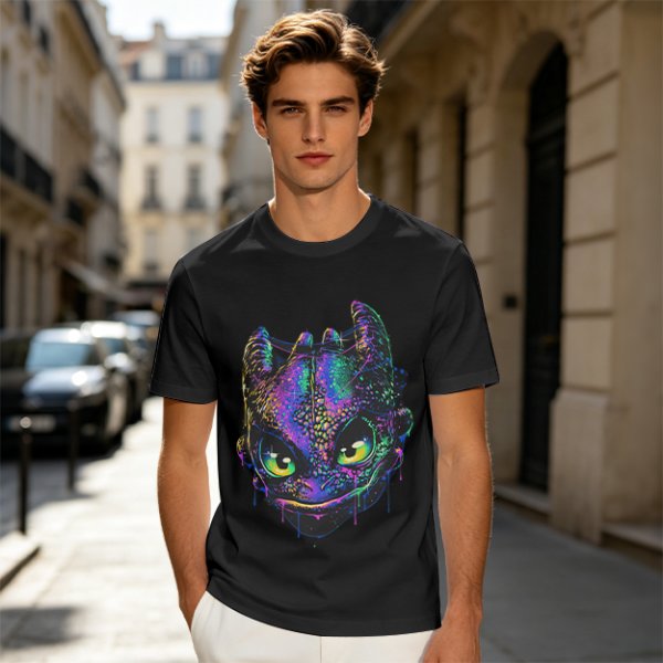 Olive T-Shirt With Neon Toothless Dragon Head Art Print