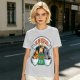 Olive green t-shirt with cat coffee cup graphic and playful text design