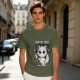Olive graphic t-shirt with angry cartoon cat holding knife