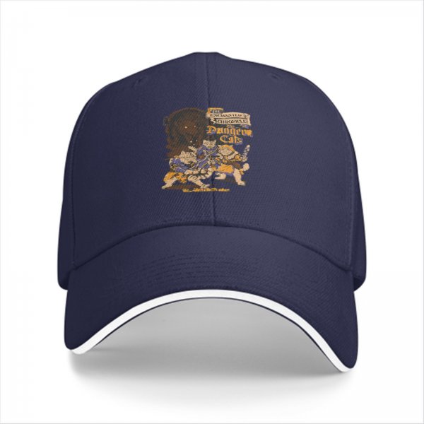 Black baseball cap with fantasy cat adventure graphic print