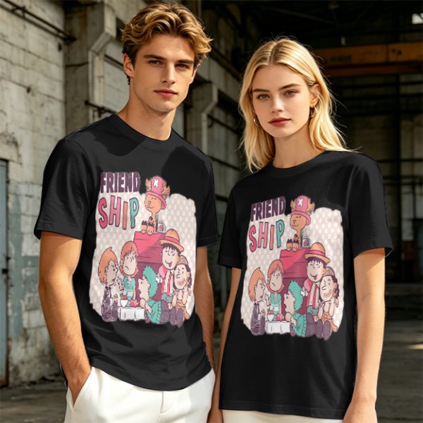Olive T-Shirt with Friendship Themed Cartoon Crew Print