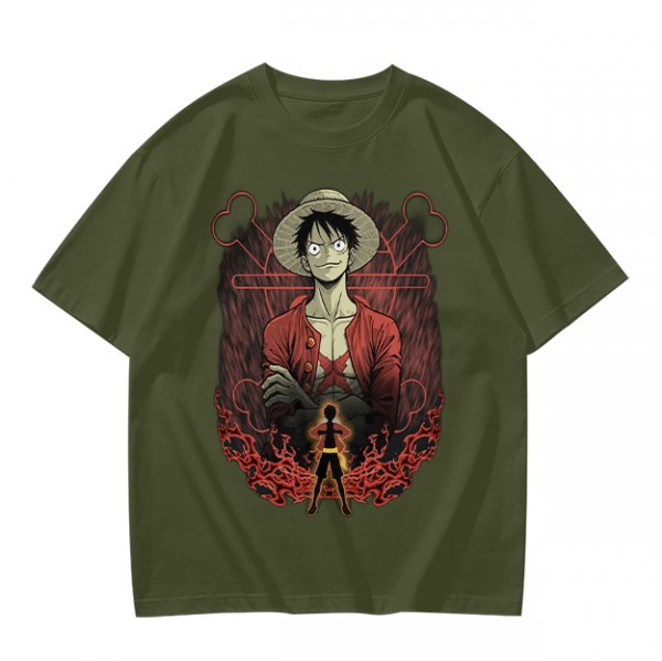One Piece Luffy Graphic Print Olive T-Shirt