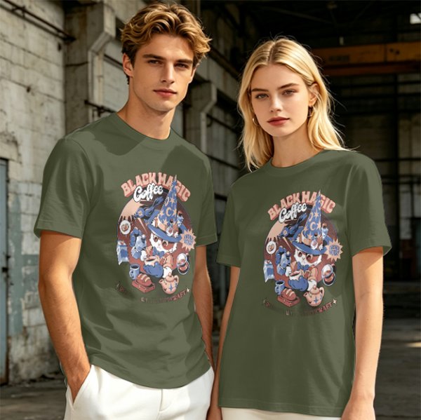 Olive T-Shirt with Black Magic Coffee Wizard Cat Graphic