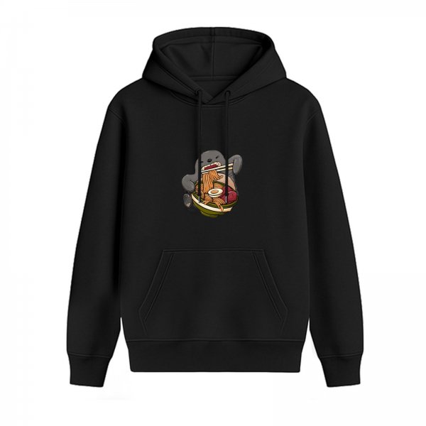 Black hoodie with a cute cartoon creature eating ramen design