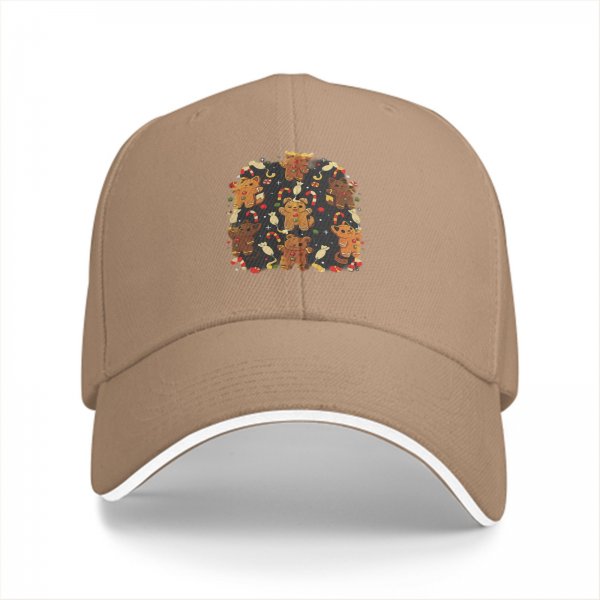 Black Baseball Cap With Christmas Gingerbread Cat Print