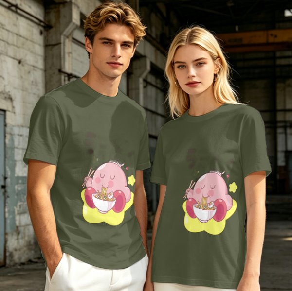 Olive T-shirt Featuring Kirby Eating Ramen on a Warp Star