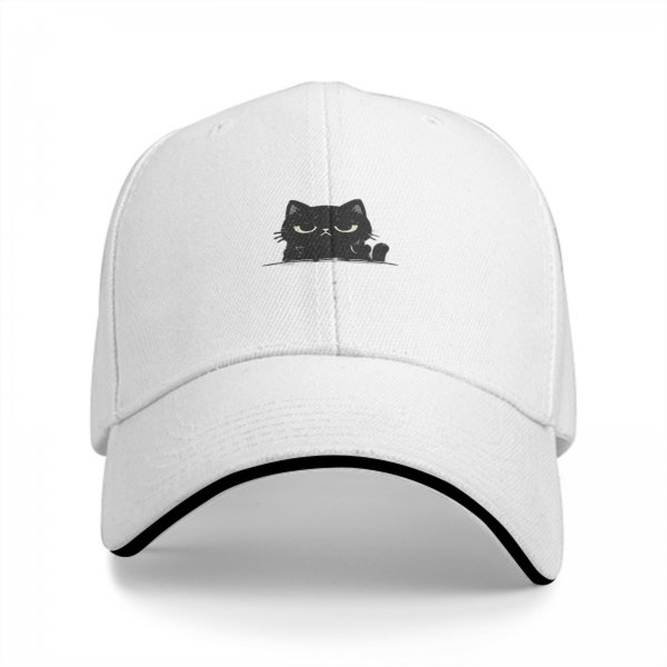 Black Baseball Cap With Grumpy Black Cat Graphic Design